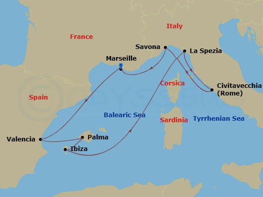 8 Night - Western Mediterranean from Marseille - Costa Pacifica - Starting in Marseille, Valencia, Palma De Mallorca, Ibiza, La Spezia (Florence), Civitavecchia (Rome), Savona, Marseille itinerary map