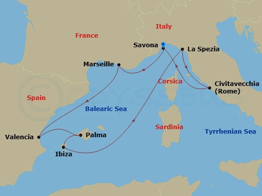 8 Night - Western Mediterranean from Savona - Costa Pacifica - Starting in Savona, Marseille, Valencia, Palma De Mallorca, Ibiza, La Spezia (Florence), Civitavecchia (Rome), Savona itinerary map