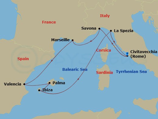 8 Night - Western Mediterranean from Civitavecchia - Costa Pacifica - Starting in Civitavecchia (Rome), Savona, Marseille, Valencia, Palma De Mallorca, Ibiza, La Spezia (Florence), Civitavecchia (Rome) itinerary map