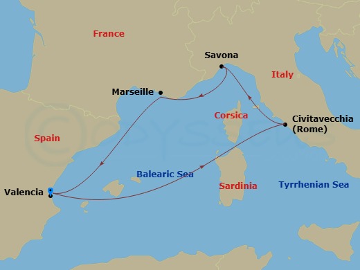 5 Night - Western Mediterranean from Valencia - Costa Pacifica - Starting in Valencia, Civitavecchia (Rome), Savona, Marseille, Valencia itinerary map
