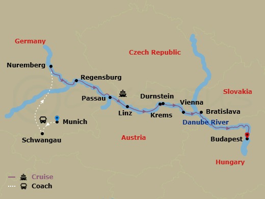 13 Night - Danube in Depth with Best of Bavaria - Scenic Jade - Starting in Munich, Munich / Schwangau, Schwangau, Nuremberg, Regensburg, Passau, Linz, Durnstein / Krems, Vienna, Bratislava, Budapest itinerary map