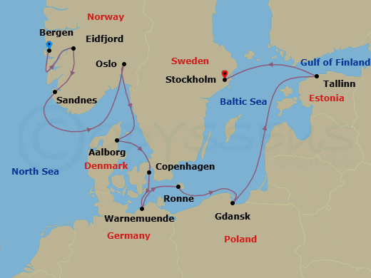14 Night - Viking Homelands - Viking Mira - Starting in Bergen, Eidfjord, Sandnes, Oslo, Alborg, Copenhagen, Berlin (Warnemunde), Bornholm (Ronne), Gdansk, Sail the Baltic Sea, Tallinn, Stockholm itinerary map