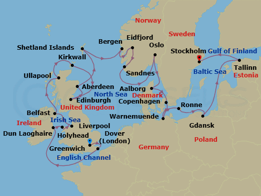 28 Night - Scandinavia & the British Isles - Viking Mira - Starting in London (Greenwich), Dover UK, Scenic Sailing English Channel, Dublin (Dun Laoghaire), Holyhead, Liverpool, Belfast, The Highlands (Ullapool), Orkney Islands (Kirkwall), Edinburgh (Newhaven Harbour), Aberdeen, Shetland Islands (Lerwick), Bergen, Eidfjord, Sandnes, Oslo, Alborg, Copenhagen, Berlin (Warnemunde), Bornholm (Ronne), Gdansk, Sail the Baltic Sea, Tallinn, Stockholm itinerary map