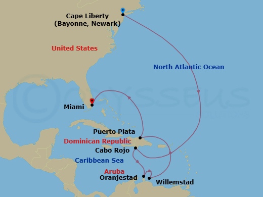 10 Night - Southern Caribbean Cruise - Independence of the Seas - Starting in Cape Liberty, Nj (Ny Metro), Cabo Rojo, Dominican Republic, Oranjestad, Aruba, Willemstad AN, Curacao, Puerto Plata, Dominican Republic, Miami, Florida itinerary map