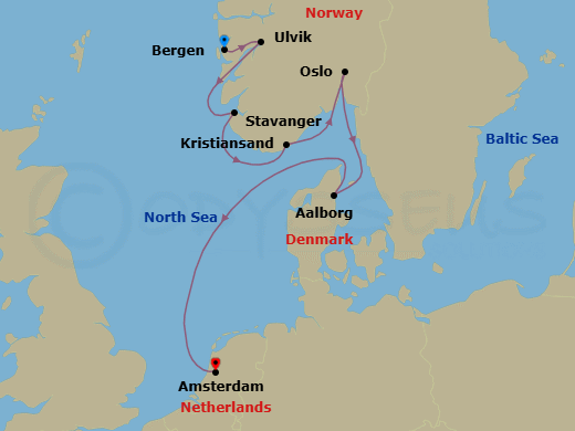 7 Night - Viking Shores & Fjords - Viking Mira - Starting in Bergen, Ulvik, Norway, Stavanger, Kristiansand, Oslo, Alborg, Sail the North Sea, Amsterdam itinerary map