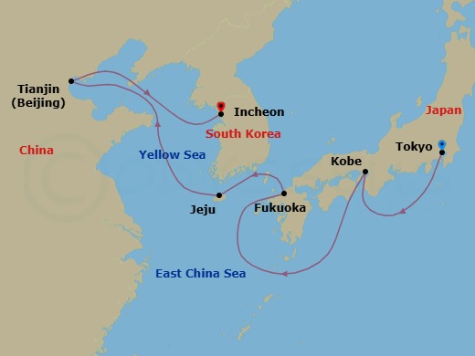 10 Night - Tokyo / Incheon (Seoul) - Luminara - Starting in Tokyo, Osaka (Kobe), Fukuoka, Jeju (Seogwipo), Beijing (Tianjin), Incheon (Seoul) itinerary map