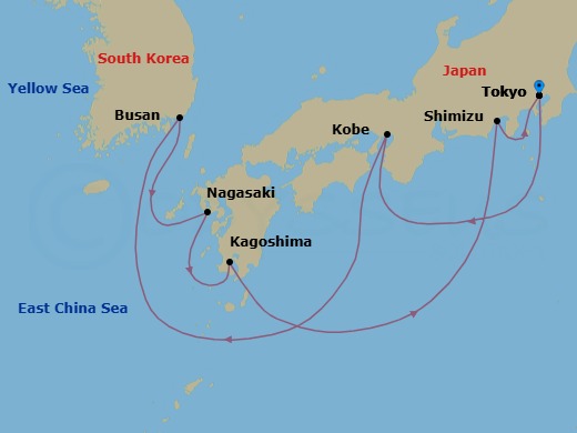 9 Night - Tokyo / Tokyo - Luminara - Starting in Tokyo, Osaka (Kobe), Busan, Nagasaki, Kagoshima, Shimizu, Tokyo itinerary map