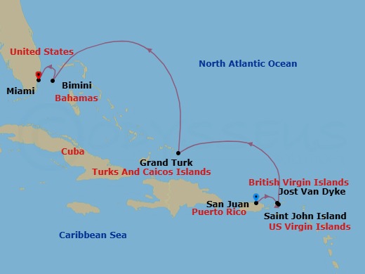 7 Night - San Juan / Miami, Florida - Ilma - Starting in San Juan, Jost Van Dyke, St John VI, Grand Turk, Bimini, Miami, Florida itinerary map