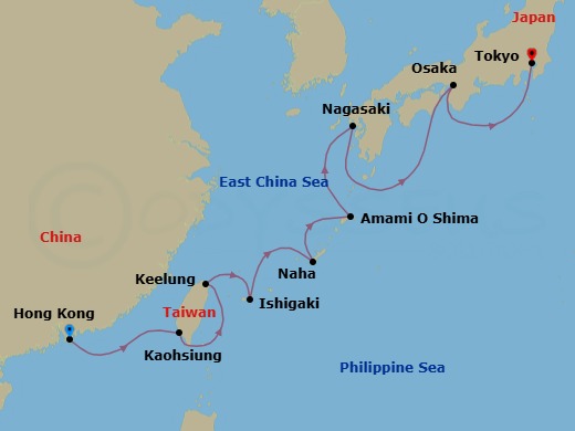 11 Night - Hong Kong / Tokyo - Luminara - Starting in Hong Kong, Kaohsiung, Taipei (Keelung), Ishigaki, Okinawa, Naha, Okinawa, Amami, Nagasaki, Osaka, Tokyo itinerary map