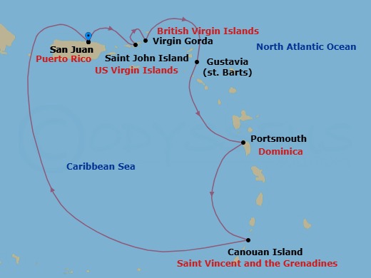 7 Night - San Juan / San Juan - Ilma - Starting in San Juan, St John VI, Virgin Gorda, Gustavia, Portsmouth DM, Canouan, San Juan itinerary map