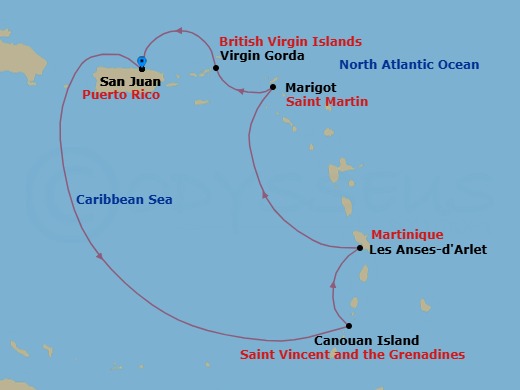 6 Night - San Juan / San Juan - Ilma - Starting in San Juan, Canouan, Les Anses-dArlet, Marigot, Virgin Gorda, San Juan itinerary map
