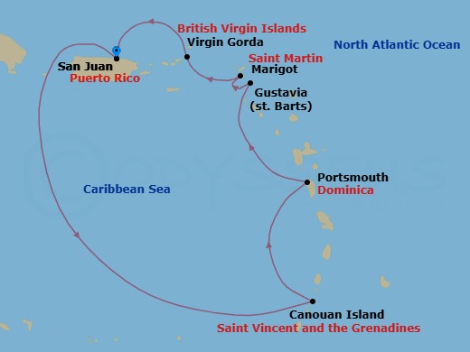 7 Night - San Juan / San Juan - Ilma - Starting in San Juan, Canouan, Portsmouth DM, Gustavia, Marigot, Virgin Gorda, San Juan itinerary map