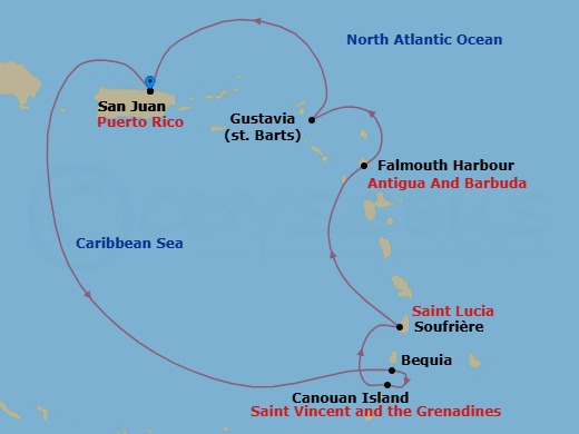7 Night - San Juan / San Juan - Ilma - Starting in San Juan, Bequia, Canouan, Soufriere, Falmouth Harbour, Antigua, Gustavia, San Juan itinerary map