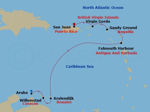 7 Night - Aruba / San Juan - Ilma - Starting in Aruba, Willemstad AN, Kralendijk, Falmouth Harbour, Antigua, Sandy Ground, Virgin Gorda, San Juan itinerary map
