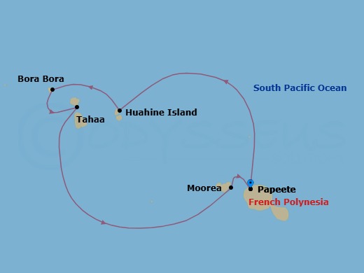 5 Night - Papeete, Tahiti / Papeete, Tahiti - Evrima - Starting in Papeete, Tahiti, Huahine (Marina Day), Bora Bora, Tahaa (Beach Day), Moorea, Papeete, Tahiti itinerary map