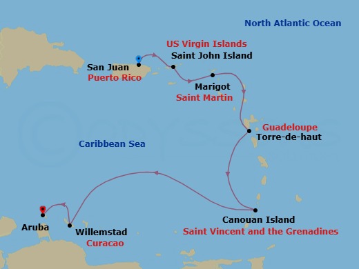 7 Night - San Juan / Aruba - Ilma - Starting in San Juan, St John VI, Marigot, Terre-De-Haut (Marina Day), Canouan, Willemstad AN, Aruba itinerary map