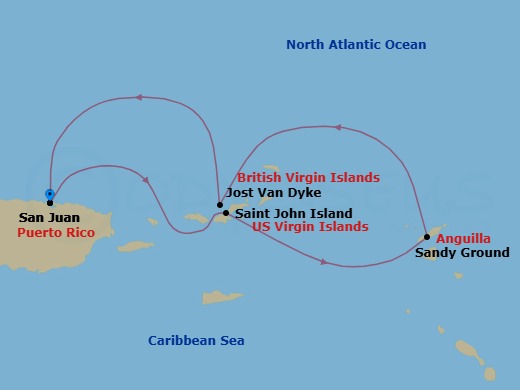 4 Night - San Juan / San Juan - Ilma - Starting in San Juan, St John VI, Sandy Ground, Jost Van Dyke, San Juan itinerary map