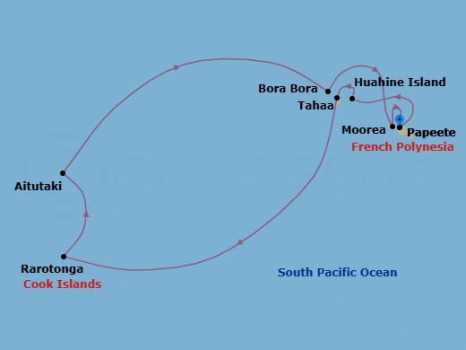 9 Night - Papeete, Tahiti / Papeete, Tahiti - Evrima - Starting in Papeete, Tahiti, Huahine (Marina Day), Tahaa (Beach Day), Rarotonga, Aitutaki, Bora Bora, Moorea, Papeete, Tahiti itinerary map