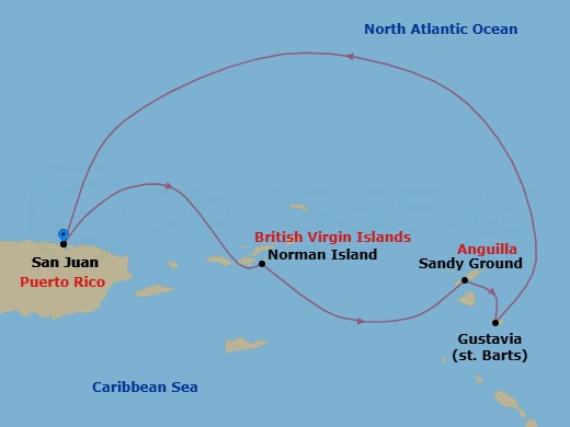 4 Night - San Juan / San Juan - Ilma - Starting in San Juan, Norman Island, Sandy Ground, Gustavia, San Juan itinerary map