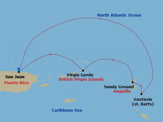 4 Night - San Juan / San Juan - Ilma - Starting in San Juan, Virgin Gorda, Sandy Ground, Gustavia, San Juan itinerary map