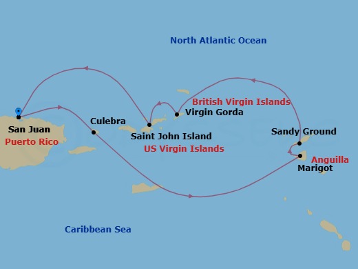 6 Night - San Juan / San Juan - Ilma - Starting in San Juan, Culebra, Marigot, Sandy Ground, Virgin Gorda, St John VI, San Juan itinerary map