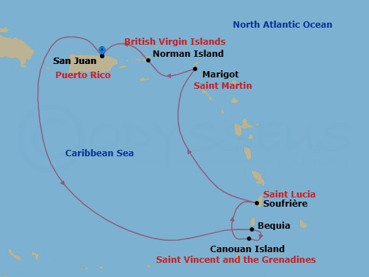 7 Night - San Juan / San Juan - Ilma - Starting in San Juan, Bequia, Canouan, Soufriere, Marigot, Norman Island, San Juan itinerary map