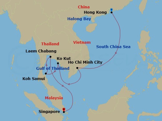 14 Night - Hong Kong / Singapore - Luminara - Starting in Hong Kong, Halong Bay, Ho Chi Minh City, Koh Kood, Koh Samui, Bangkok (Laem Chabang), Singapore itinerary map