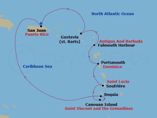 8 Night - San Juan / San Juan - Ilma - Starting in San Juan, Bequia, Canouan, Soufriere, Portsmouth DM, Falmouth Harbour, Antigua, Gustavia, San Juan itinerary map
