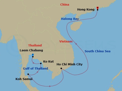 10 Night - Bangkok (Laem Chabang) / Hong Kong - Luminara - Starting in Bangkok (Laem Chabang), Koh Kood, Koh Samui, Ho Chi Minh City, Halong Bay, Hong Kong itinerary map
