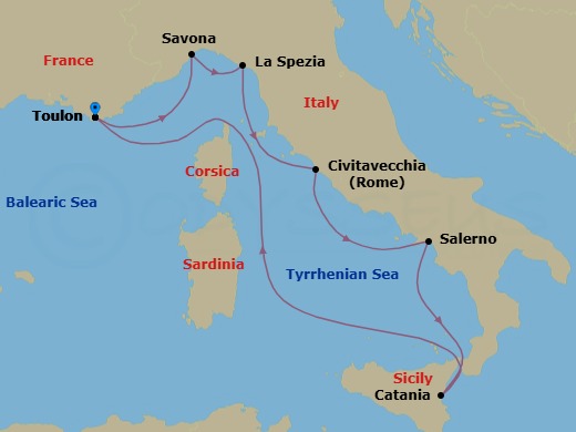 7 Night - Mediterranean Roundtrip from Toulon - Costa Fascinosa - Starting in La Seyne (St Tropez), Savona, La Spezia (Florence), Civitavecchia (Rome), Salerno (Amalfi Coast), Catania, La Seyne (St Tropez) itinerary map