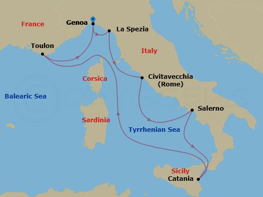 7 Night - Europe Roundtrip from Genoa - Costa Fascinosa - Starting in Genoa (Portofino), La Spezia (Florence), Civitavecchia (Rome), Salerno (Amalfi Coast), Catania, La Seyne (St Tropez), Genoa (Portofino) itinerary map