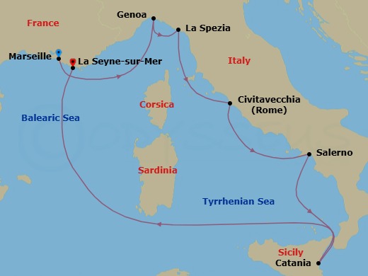 7 Night - Cruise from Marseille to Toulon - Costa Fascinosa - Starting in Marseille, Genoa (Portofino), La Spezia (Florence), Civitavecchia (Rome), Salerno (Amalfi Coast), Catania, La Seyne (St Tropez) itinerary map