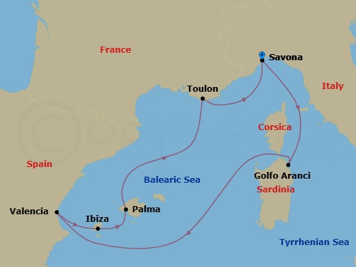 7 Night - Mediterranean Roundtrip from Savona - Costa Fascinosa - Starting in Savona, Golfo Aranci, Valencia, Ibiza, Palma De Mallorca, La Seyne (St Tropez), Savona itinerary map