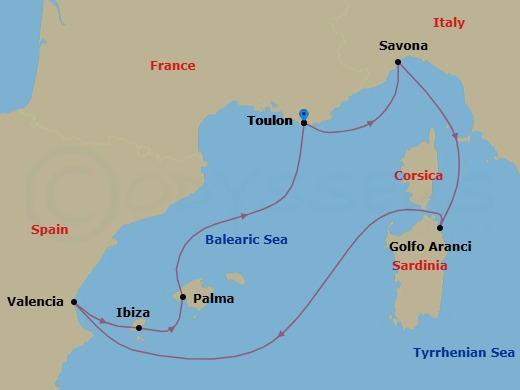 7 Night - Mediterranean Roundtrip from Toulon - Costa Fascinosa - Starting in La Seyne (St Tropez), Savona, Golfo Aranci, Valencia, Ibiza, Palma De Mallorca, La Seyne (St Tropez) itinerary map