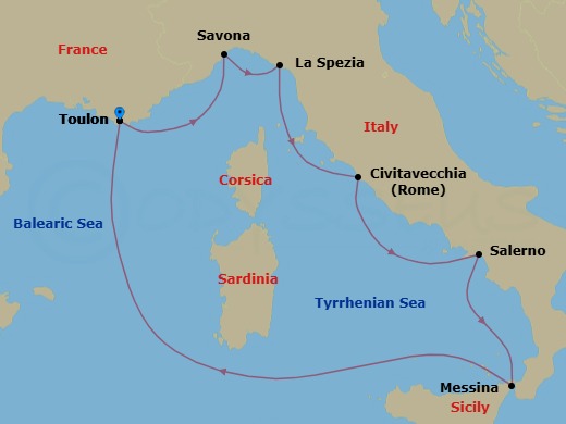 7 Night - Mediterranean Roundtrip from Toulon - Costa Fascinosa - Starting in La Seyne (St Tropez), Savona, La Spezia (Florence), Civitavecchia (Rome), Salerno (Amalfi Coast), Messina (Taormina), La Seyne (St Tropez) itinerary map