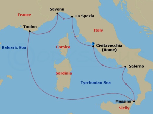 7 Night - Western Mediterranean Roundtrip from Rome (Civitavecchia) - Costa Fascinosa - Starting in Civitavecchia (Rome), Salerno (Amalfi Coast), Messina (Taormina), La Seyne (St Tropez), Savona, La Spezia (Florence), Civitavecchia (Rome) itinerary map