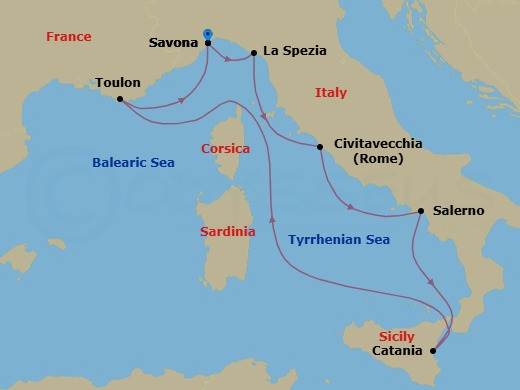 7 Night - Mediterranean Roundtrip from Savona - Costa Fascinosa - Starting in Savona, La Spezia (Florence), Civitavecchia (Rome), Salerno (Amalfi Coast), Catania, La Seyne (St Tropez), Savona itinerary map