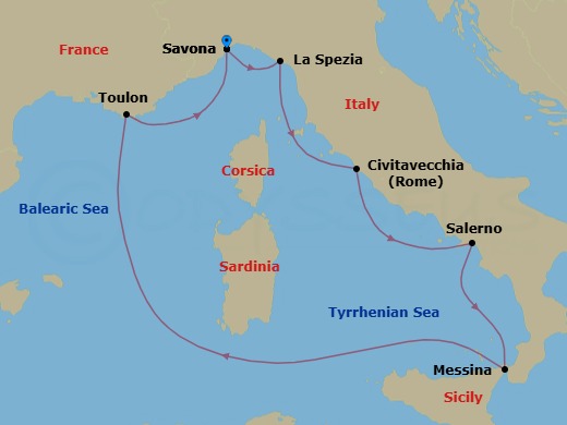 7 Night - Mediterranean Roundtrip from Savona - Costa Fascinosa - Starting in Savona, La Spezia (Florence), Civitavecchia (Rome), Salerno (Amalfi Coast), Messina (Taormina), La Seyne (St Tropez), Savona itinerary map