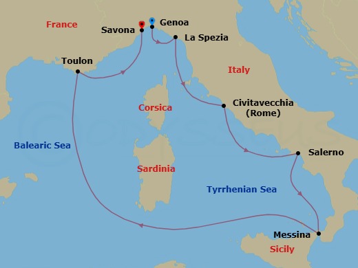 7 Night - Europe from Genoa to Savona - Costa Fascinosa - Starting in Genoa (Portofino), La Spezia (Florence), Civitavecchia (Rome), Salerno (Amalfi Coast), Messina (Taormina), La Seyne (St Tropez), Savona itinerary map