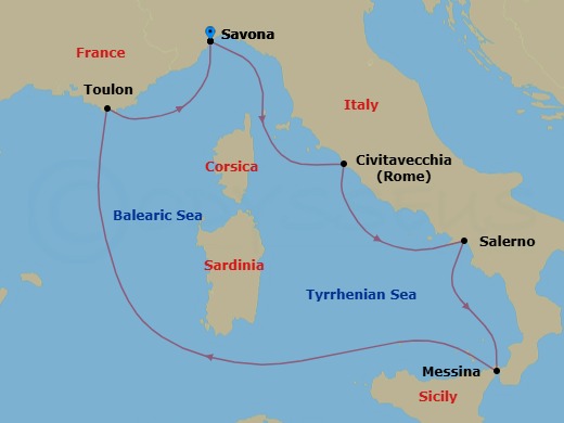 6 Night - Mediterranean Roundtrip from Savona - Costa Fascinosa - Starting in Savona, Civitavecchia (Rome), Salerno (Amalfi Coast), Messina (Taormina), La Seyne (St Tropez), Savona itinerary map