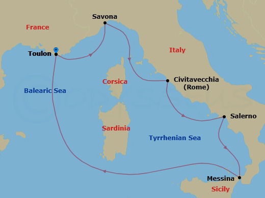 6 Night - Mediterranean Roundtrip from Toulon - Costa Fascinosa - Starting in La Seyne (St Tropez), Savona, Civitavecchia (Rome), Salerno (Amalfi Coast), Messina (Taormina), La Seyne (St Tropez) itinerary map