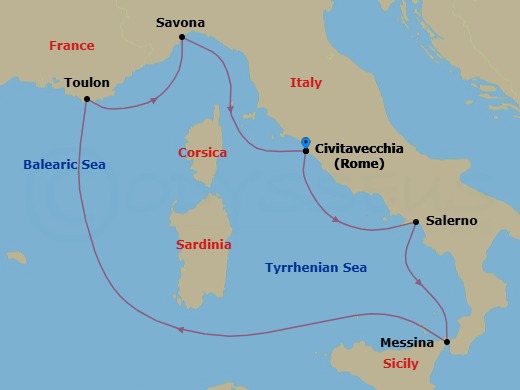 6 Night - Western Mediterranean Roundtrip from Rome (Civitavecchia) - Costa Fascinosa - Starting in Civitavecchia (Rome), Salerno (Amalfi Coast), Messina (Taormina), La Seyne (St Tropez), Savona, Civitavecchia (Rome) itinerary map