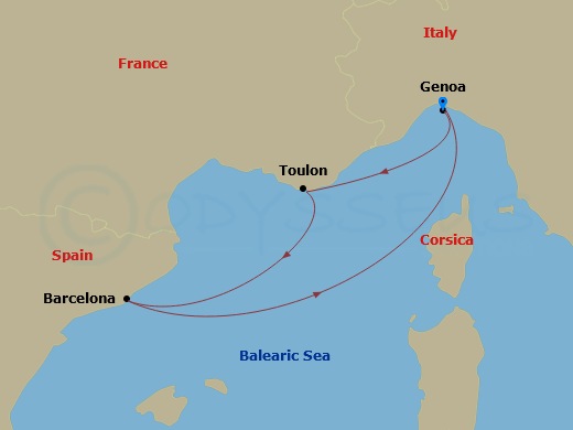 3 Night - Europe Roundtrip from Genoa - Costa Fascinosa - Starting in Genoa (Portofino), La Seyne (St Tropez), Barcelona, Genoa (Portofino) itinerary map