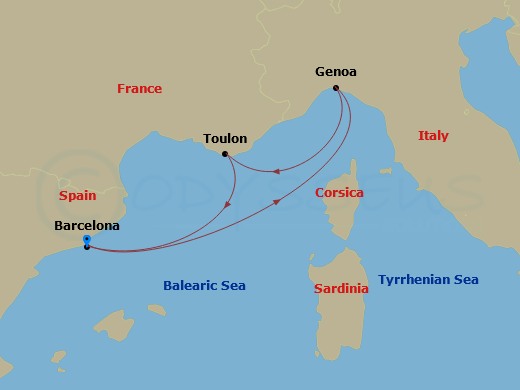 3 Night - Western Mediterranean Roundtrip from Barcelona - Costa Fascinosa - Starting in Barcelona, Genoa (Portofino), La Seyne (St Tropez), Barcelona itinerary map