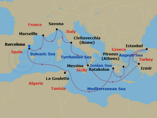 14 Night - Southern Europe Roundtrip from Barcelona - Costa Favolosa - Starting in Barcelona, Marseille, Savona, Civitavecchia (Rome), Messina (Taormina), Izmir, Istanbul, Athens (Piraeus), Katakolon, La Goulette, Barcelona itinerary map