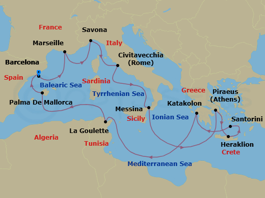14 Night - Southern Europe Roundtrip from Barcelona - Costa Favolosa - Starting in Barcelona, Marseille, Savona, Civitavecchia (Rome), Messina (Taormina), Athens (Piraeus), Heraklion, Santorini, Katakolon, La Goulette, Palma De Mallorca, Barcelona itinerary map