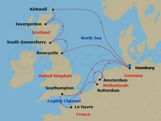 13 Night - Southern Europe Roundtrip from Hamburg - Costa Favolosa - Starting in Hamburg, Newcastle upon Tyne, South Queensferry, UK, Invergordon, United Kingdom, Kirkwall, Hamburg, Southampton, Le Havre, Rotterdam, Amsterdam, Hamburg itinerary map