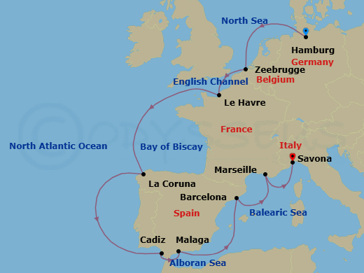 12 Night - Southern Europe from Hamburg to Savona - Costa Favolosa - Starting in Hamburg, Zeebrugge, Le Havre, La Coruna, Cadice, Malaga, Barcelona, Marseille, Savona itinerary map