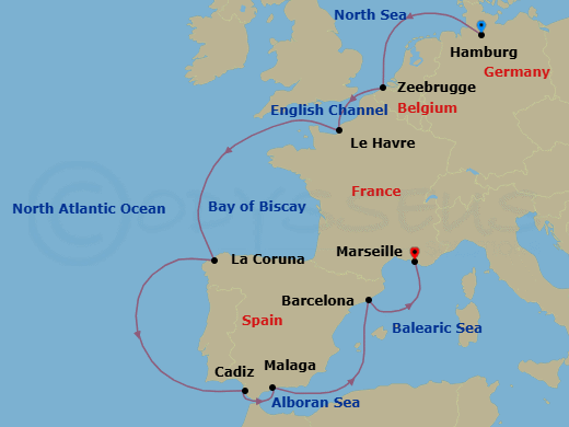 11 Night - Southern Europe from Hamburg to Marseille - Costa Favolosa - Starting in Hamburg, Zeebrugge, Le Havre, La Coruna, Cadice, Malaga, Barcelona, Marseille itinerary map