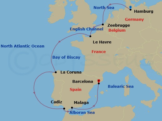 10 Night - Southern Europe from Hamburg to Barcelona - Costa Favolosa - Starting in Hamburg, Zeebrugge, Le Havre, La Coruna, Cadice, Malaga, Barcelona itinerary map